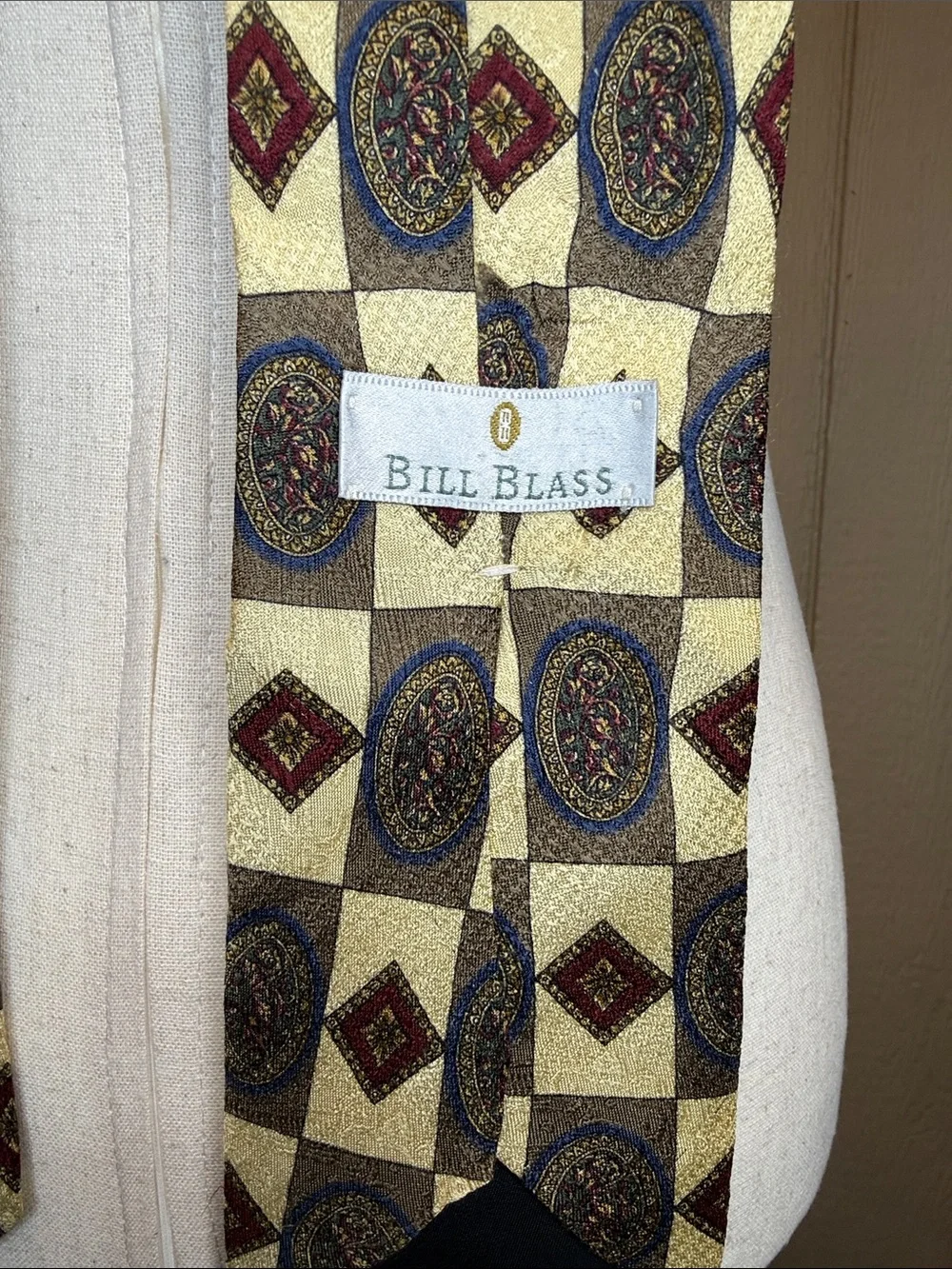 Vintage Bill Blass Silk Tie Gold Geometric Medallion 90s Academic